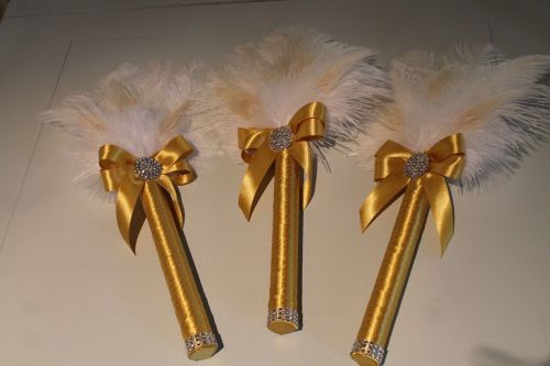Gatsby style Ostrich & Peacock Feather Wedding Bouquets set of 3