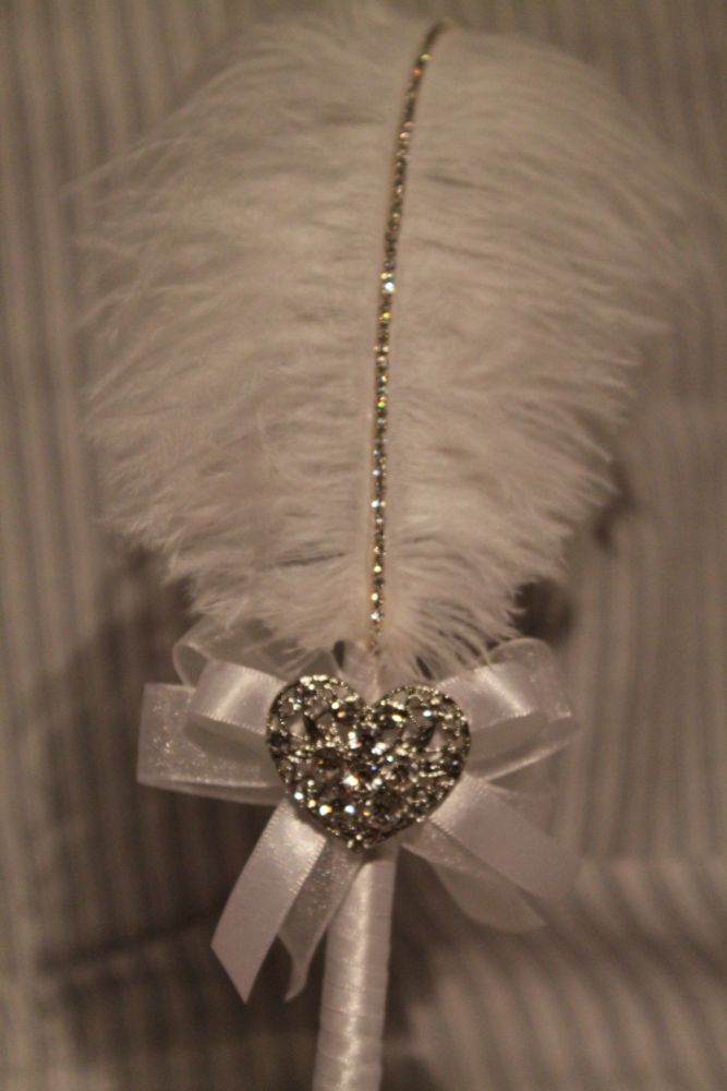 Large White Ostrich Feather Pen with Heart Embellishment