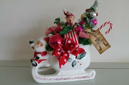 Christmas Vintage Santa Sleigh Planter Bottle Brush Tree Ornament