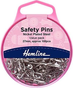 Hemline Safety Pins Value Pack: Nickel: 27mm 100 Pieces