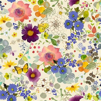 Clothworks - Painted Patchwork - Floral Fancy (flowers on cream) Y3376-2