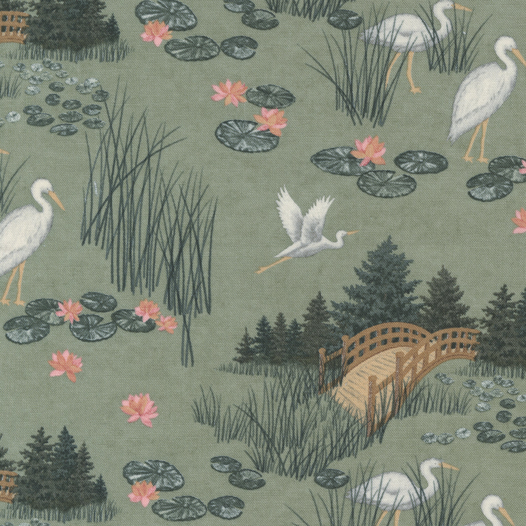 Watermarks by Holly Taylor for Moda - egrets in garden on sage green 6914 1