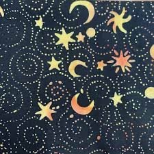 Island Batik - Black background with orange and yellow dots, stars and moons  6/1200