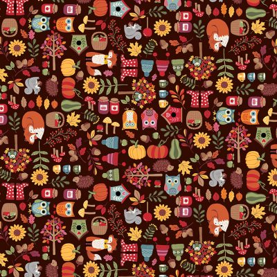 Autumn Days by Makower scatter icons (animals/foliage) on brown 2593 V