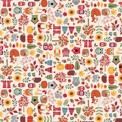 Autumn Days by Makower scatter icons (animals/foliage) on cream 2593 Q