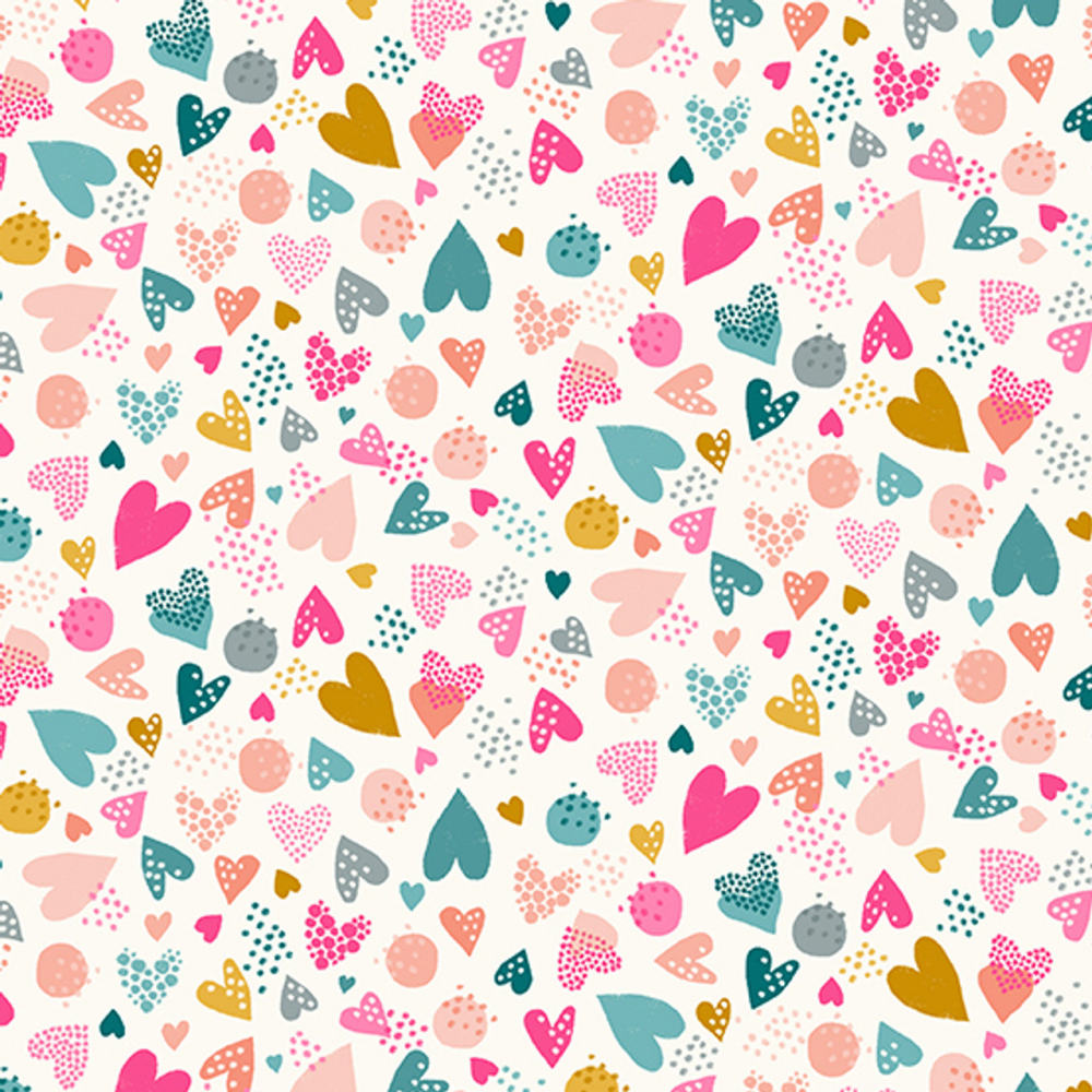 In the Jungle by Makower multi pink hearts on ivory 2607 P