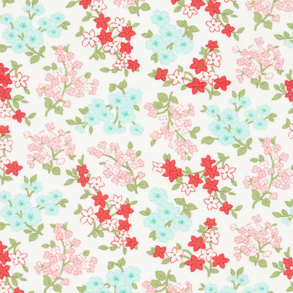 Lighthearted by Camille Roskelley for Moda 55294 11 mint & pink flowers on white