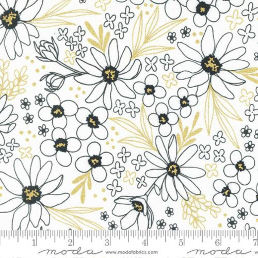 Gilded by Alli K for Moda black outline flowers with gold on white 11531 21