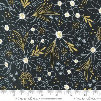 Gilded by Alli K for Moda White outline flowers with gold on black 11531 22