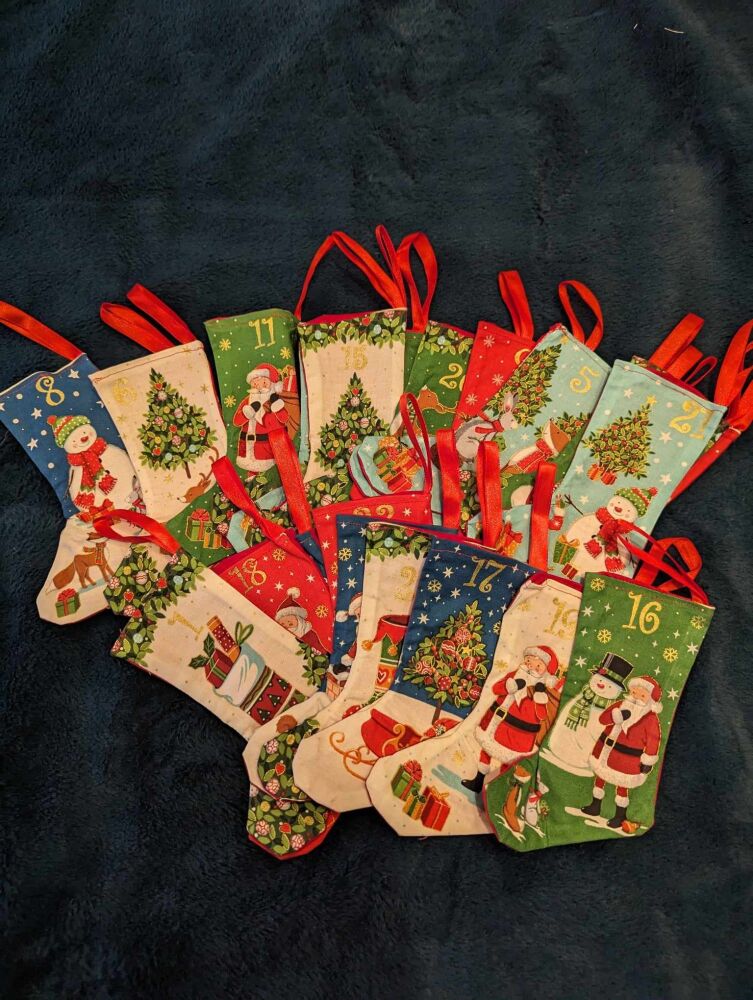 Mini Stocking Advent calendar - 24 stockings on ribbons to hang 6" x 4"