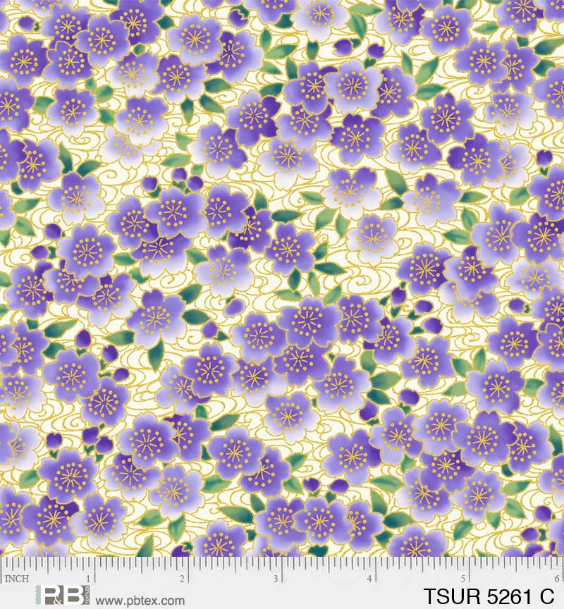 Tsuru by P&B textiles TSUR 5261 C lilac& gold cherry blossom on Cream