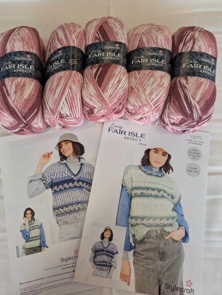 Stylecraft Fair Isle Effect - Pack of 5 x 100g Aran balls with 2 free patterns! Arran 5332 (rose pink)