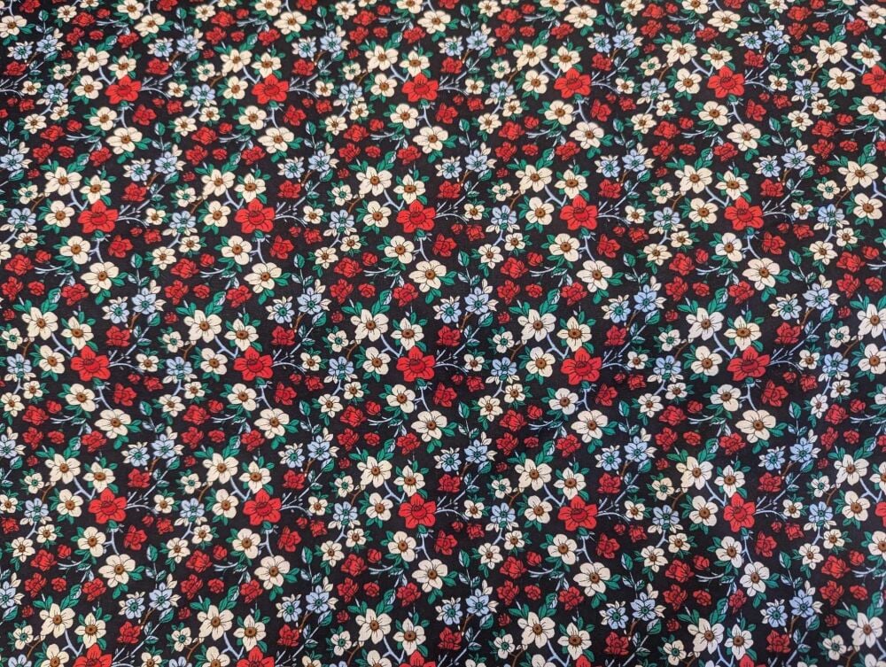 Sew Cool 60" wide red & white flowers on black