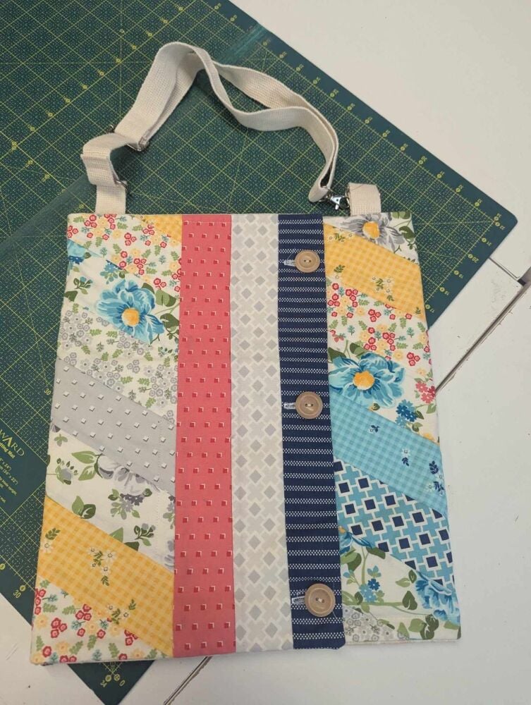 button tote bag - floral stripe with adjustable strap