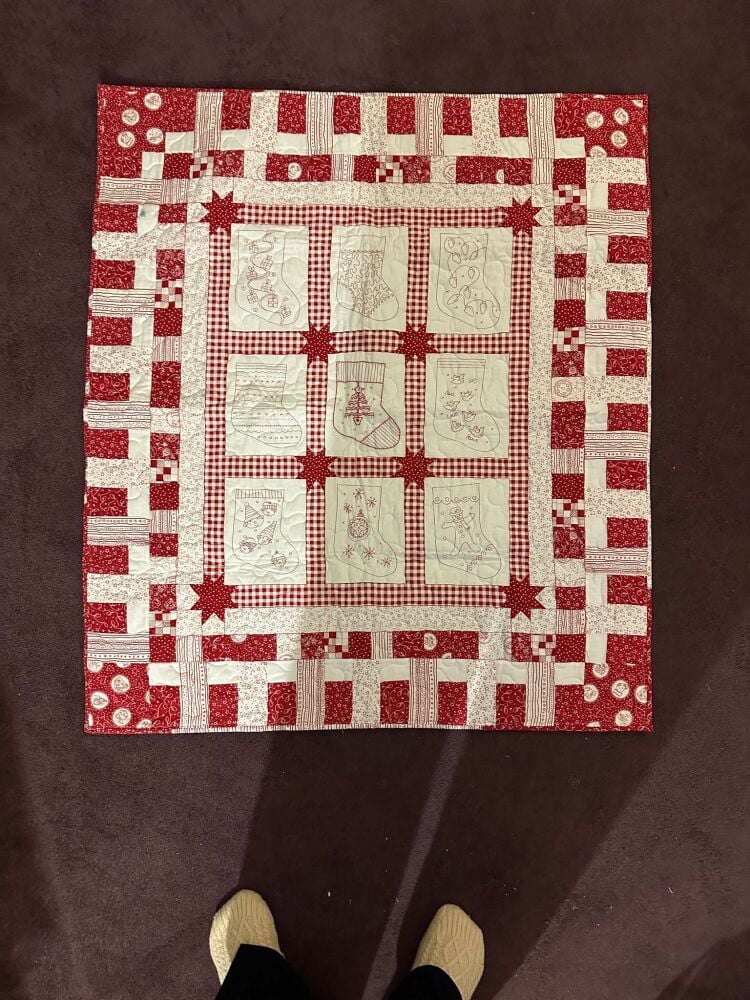 Finished Quilt -red & white redwork christmas quilt - 44" x 40"