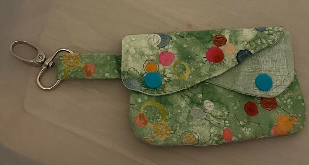 Double pocket purse, with key ring holder, in Blue with coloured splashes 5