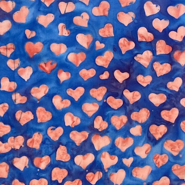 Paradise Island Stamped Batiks by Kingfisher - Pink hearts on blue 532-28#5