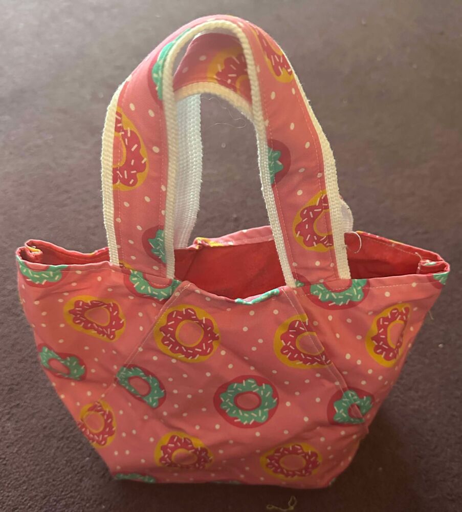 small tote bag in pink with doughnuts one the fabric