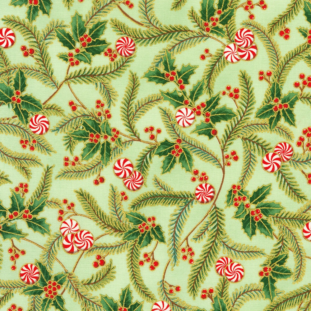 Holiday Flourish Peppermint Twist - Robert Kaufman - 22948-34 Sage Fir Fronds and Peppermint Swirls