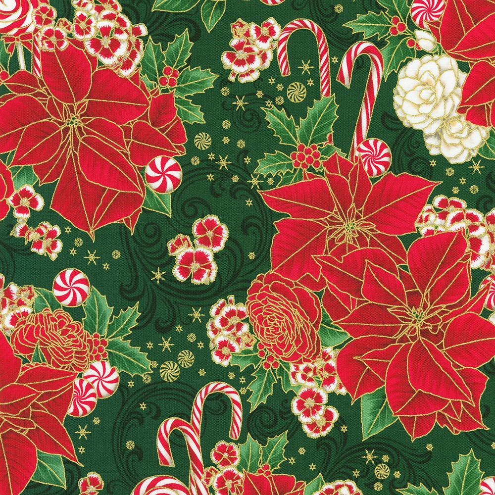 Holiday Flourish Peppermint Twist - Robert Kaufman - 22945-274 Pine with Poinsettia, candy canes and peppermint swirls