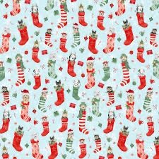 Santa Paws by Heatherlee Chan for Clothworks - Y4431-29 - Dogs in stockings on light blue