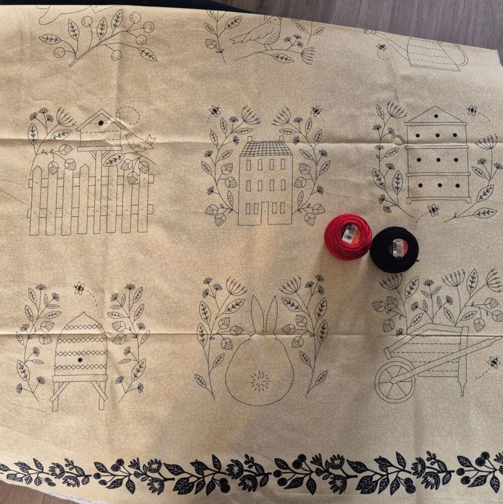 White Gecko Moda Embroidery panel with perle threads