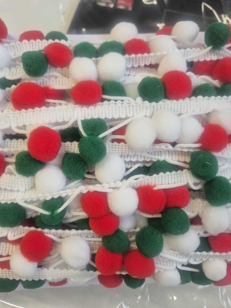 Medium pom pom  - sold by the metre - red/white/green on white band (Christmas or Welsh)