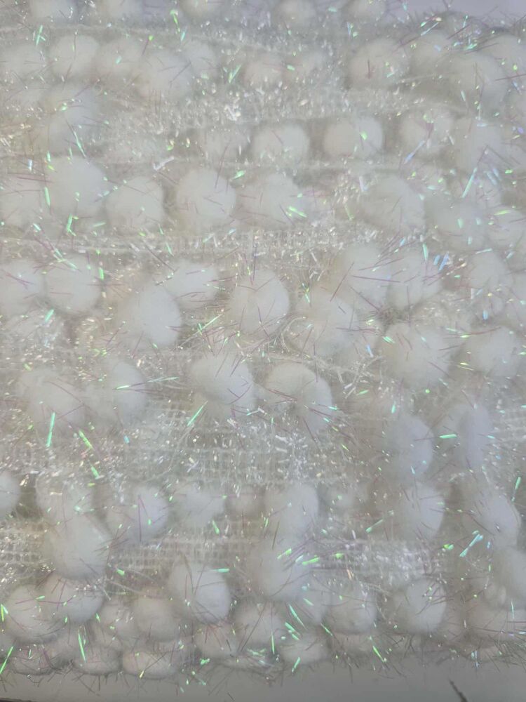 Medium pom pom  - sold by the metre - white with mother of pearl sparkle on white band
