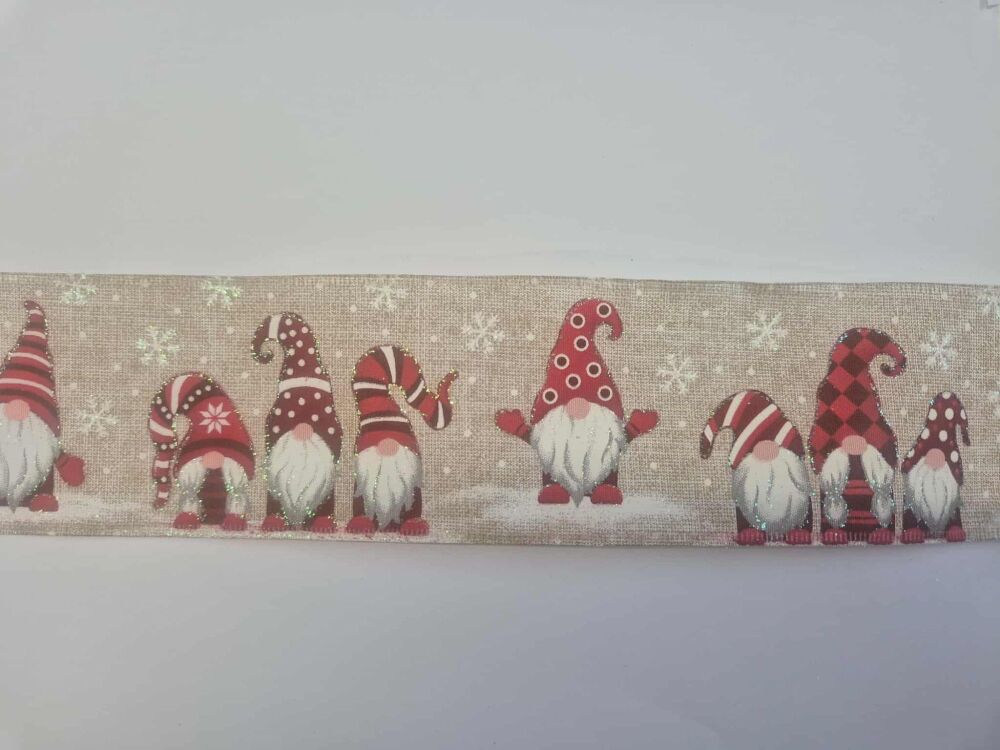 Wire edged ribbon - sold by the metre - Christmas Gnomes with glitter
