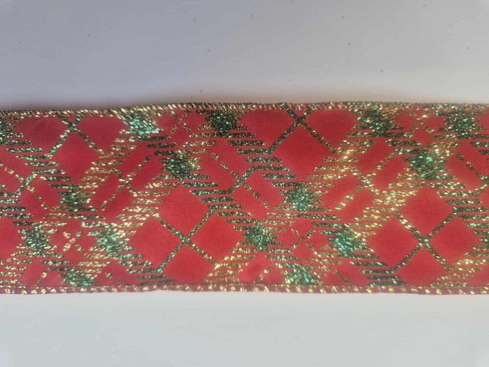 Wire edged ribbon - sold by the metre - Red Glitter Tartan