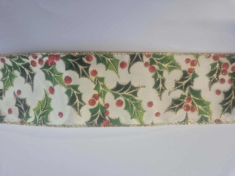 Wire edged ribbon - sold by the metre - Holly on Ivory with gold glitter