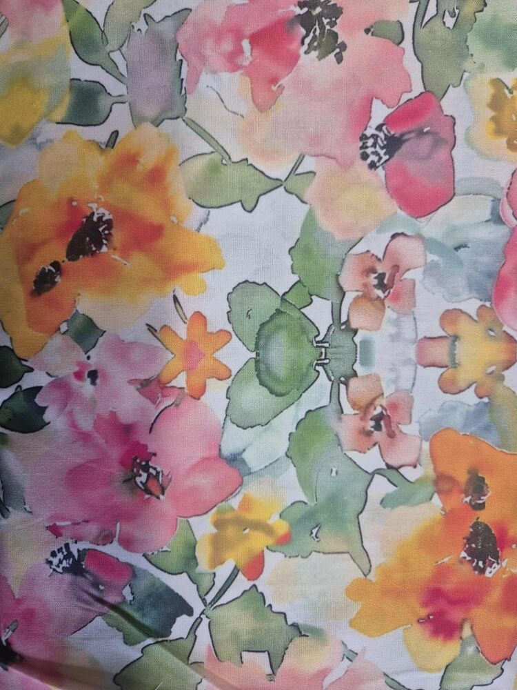 Sew Cool 60" Large pink & yellow watercolour flower on white