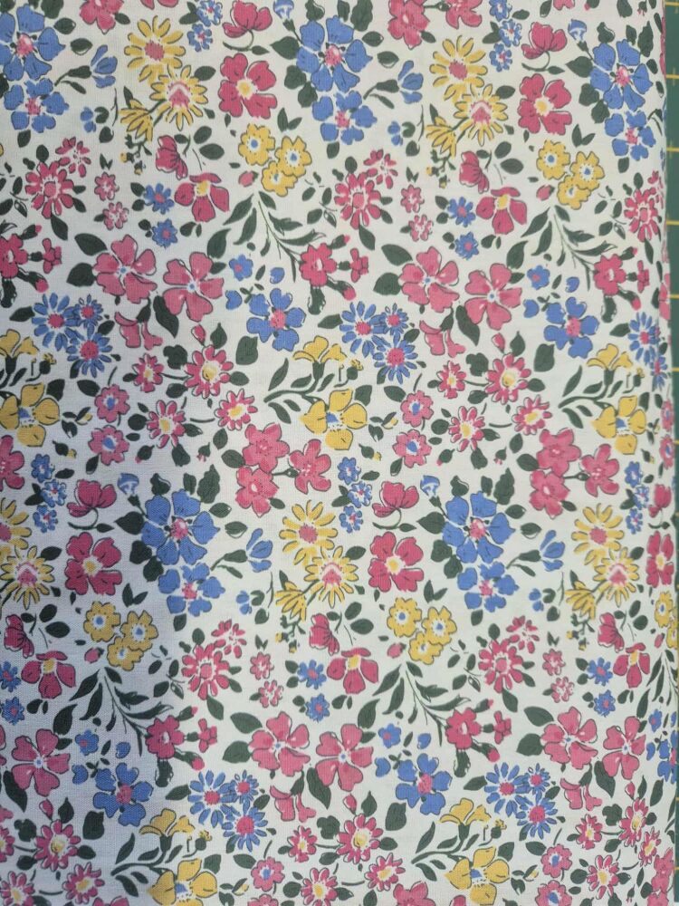 Sew Cool 60" PINK/YELLOW & BLUE flower on white ditsy