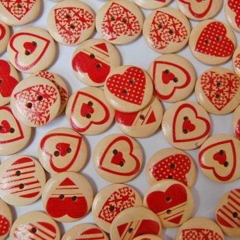 PACK OF 10 WOODEN RED HEART BUTTONS, 20MM - 2 HOLE.