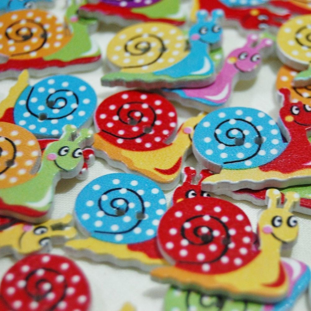 MIXED PACK OF 10 PAINTED SNAIL BUTTON EMBELLISHMENTS, 2 HOLE.