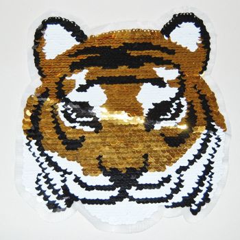 LARGE SEQUINED TIGER HEAD EMBELLISHMENT, SEW ON.