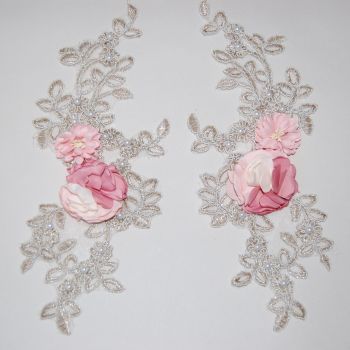 PAIR OF INTRICATE BEADED SEW ON EMBELLISHMENTS, ON VERY FINE NET.