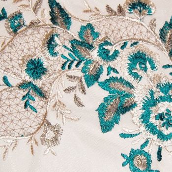 LARGE SEW ON EMBELLISHMENT IN JADE GREEN, CREAM & GOLD, ON A VERY FINE NET.