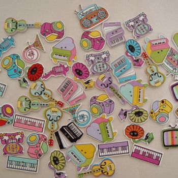 PACK OF 50 MIXED MUSIC/MEDIA BASED BUTTON EMBELLISHMENTS, RESIN 2 HOLE.