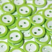 PACK OF 15 2 HOLE 10MM BUTTONS,  IN APPLE GREEN AND WHITE.