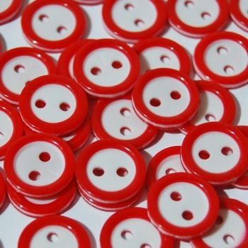 PACK OF 15 2 HOLE 10MM BUTTONS,  IN RED AND WHITE.