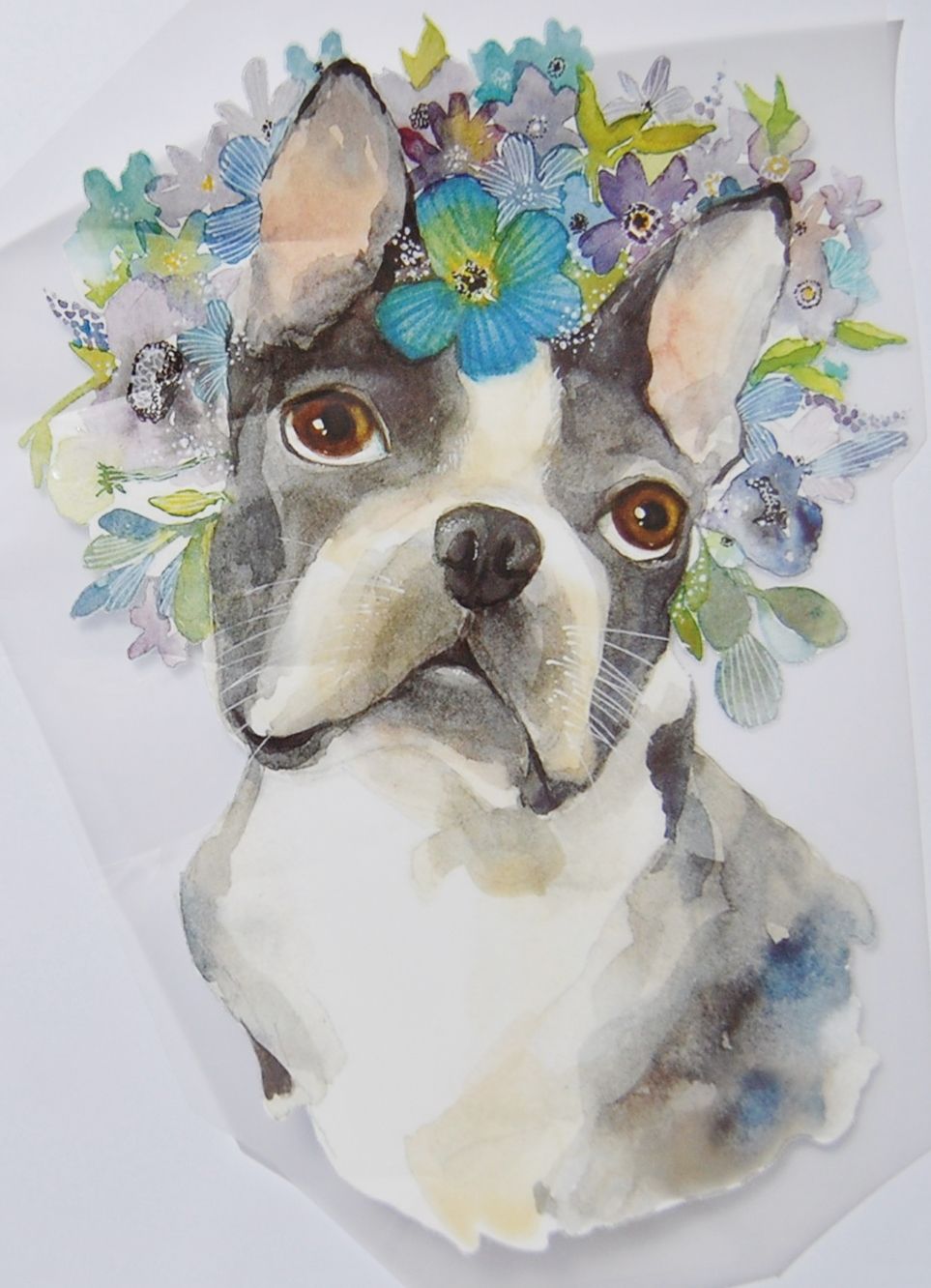 IRON ON HEAT TRANSFER, PUG WITH FLOWERS, 24CMS x 18CMS. IDEAL FOR DECORATIN