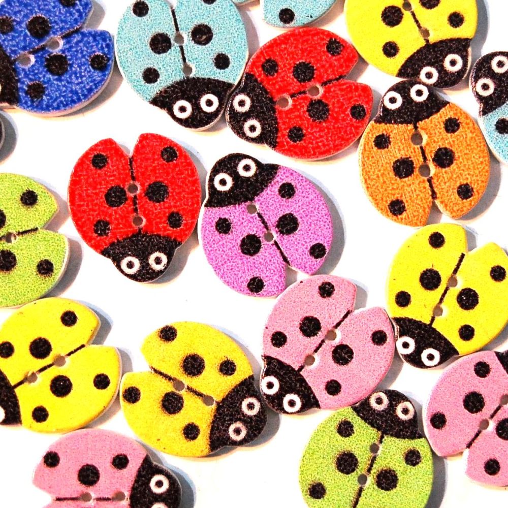 PACK OF 10 MULTI COLOURED LADYBIRDS BUTTON EMBELLISHMENTS - 2 HOLE.