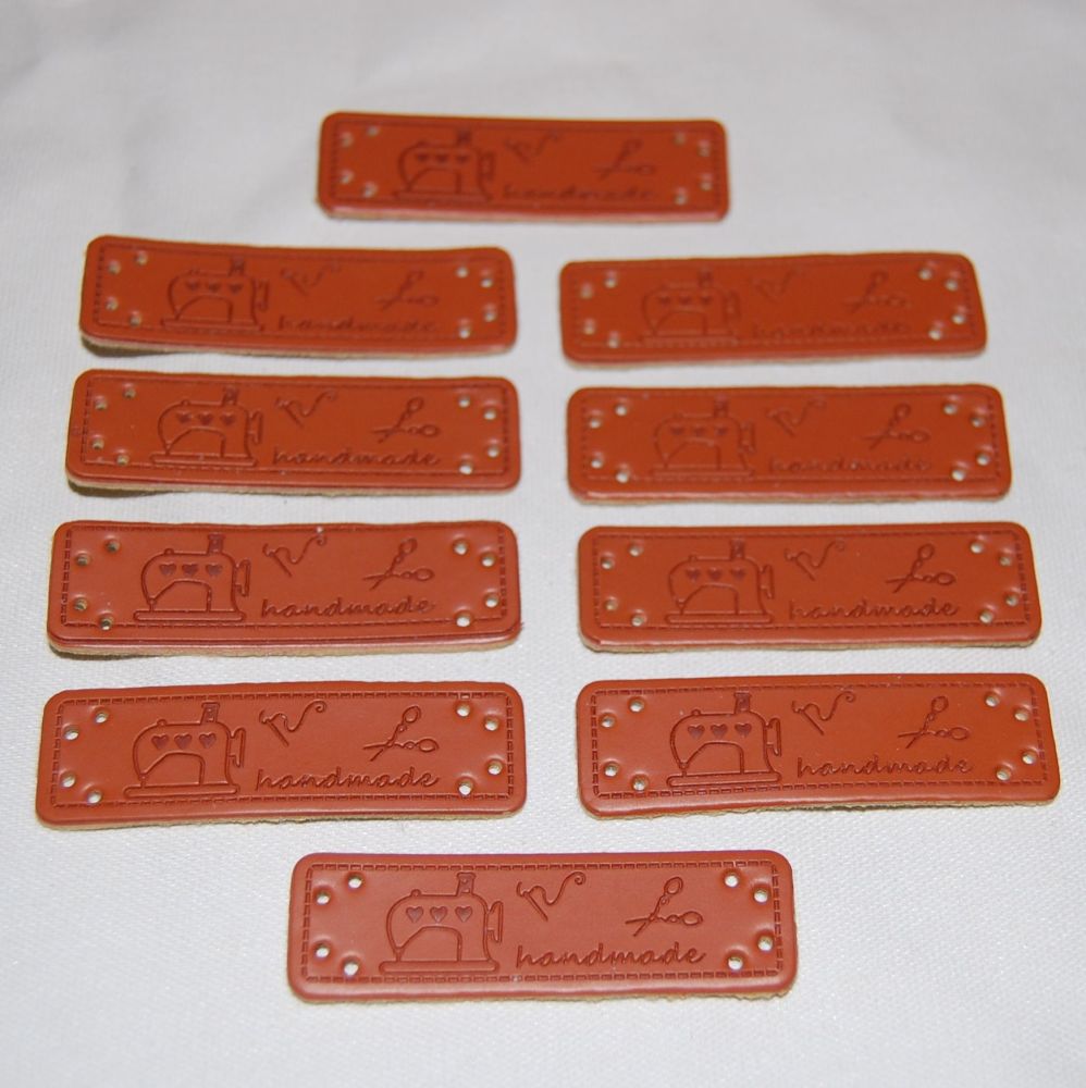 PACK OF 10 LEATHER LOOK TAGS. HANDMADE WITH A SEWING MACHINE, SCISSORS AND 
