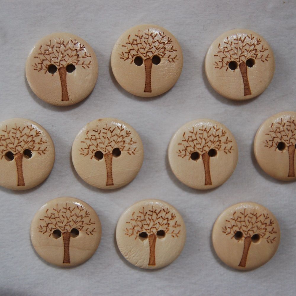 PACK OF 10  WOODEN TREE BUTTONS, 22MM - 2 HOLE.