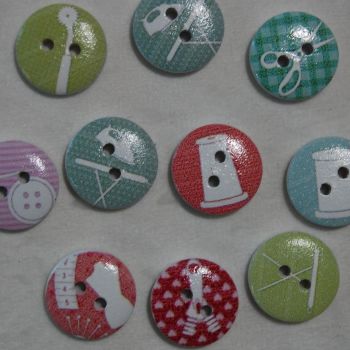 PACK OF 10 SEWING RELATED RESIN BUTTONS, 15MM - 2 HOLE.