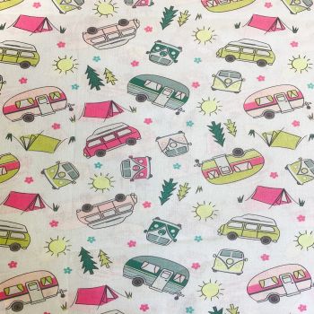 SUMMER CAMPING ON WHITE 100% COTTON BY THE COTTON CRAFT CO'.  