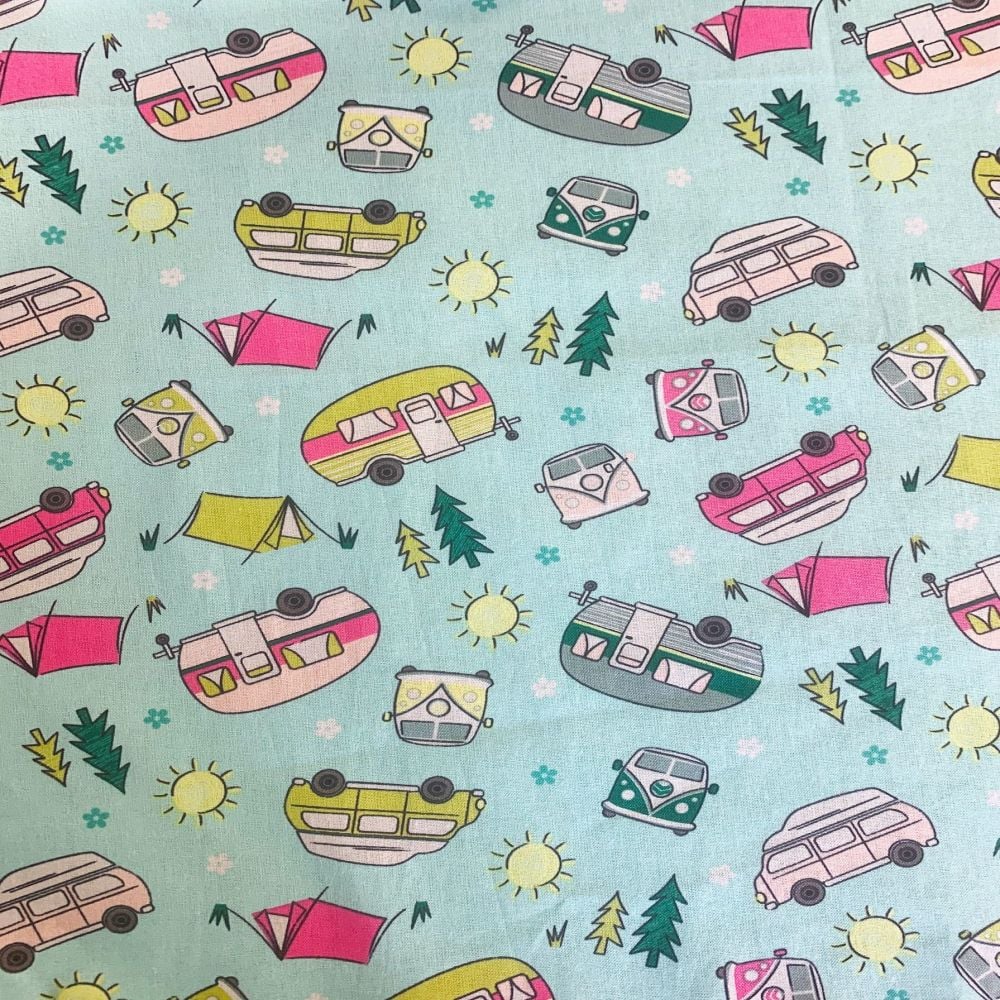 SUMMER CAMPING ON MINT 100% COTTON BY THE COTTON CRAFT CO'.  
