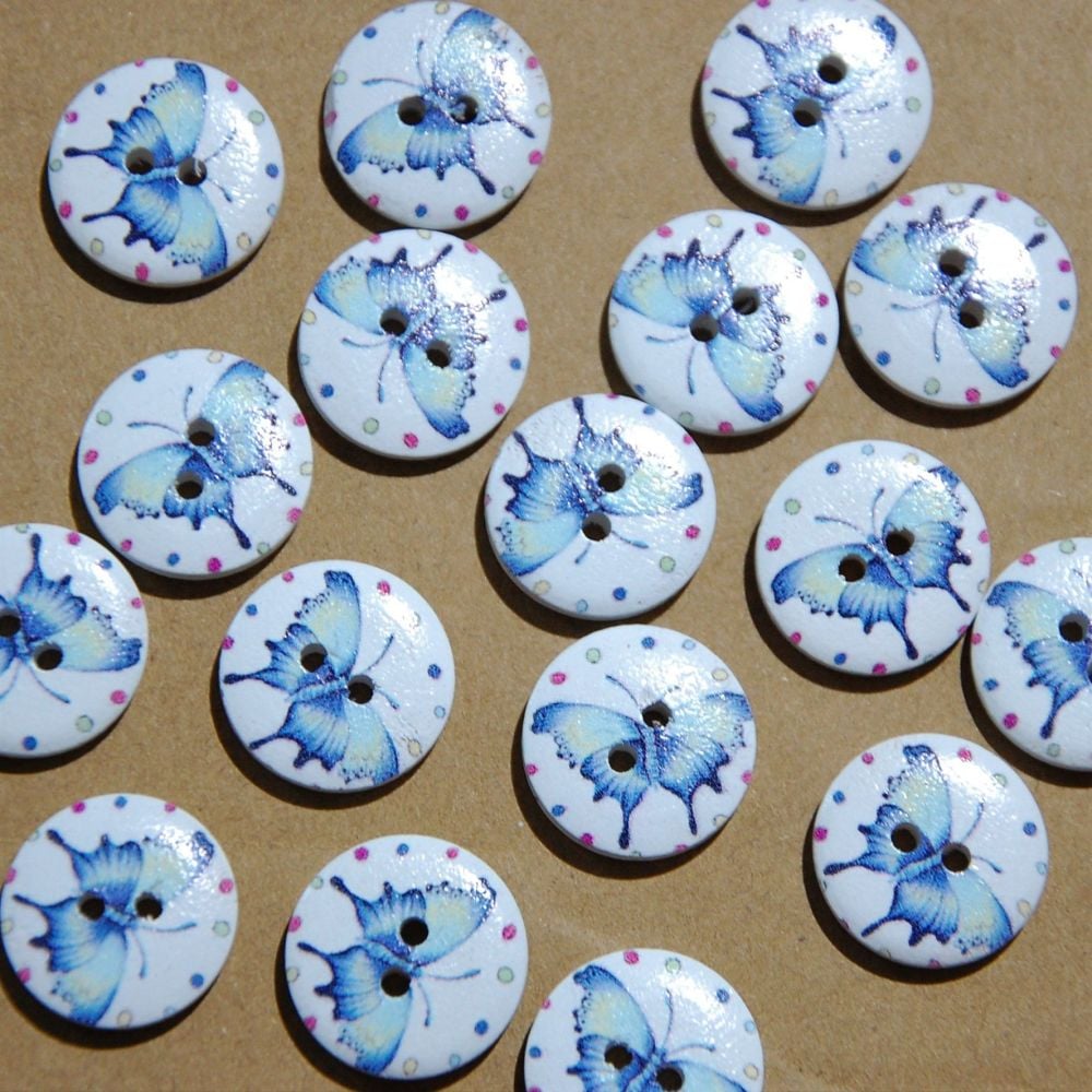 PACK OF 10 SKY BLUE BUTTERFLY RESIN BUTTONS, 20MM - 2 HOLE.