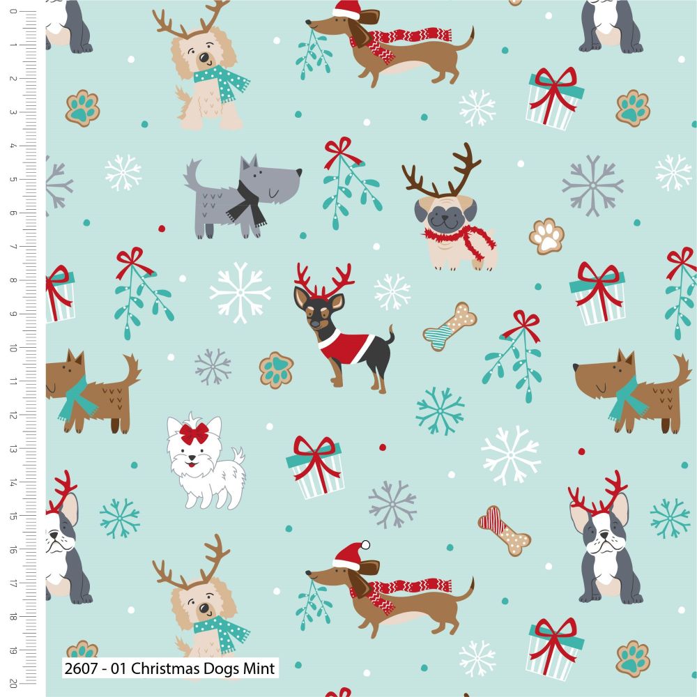 CHRISTMAS COTTON BY THE COTTON CRAFT CO'.  DOGS ON MINT.